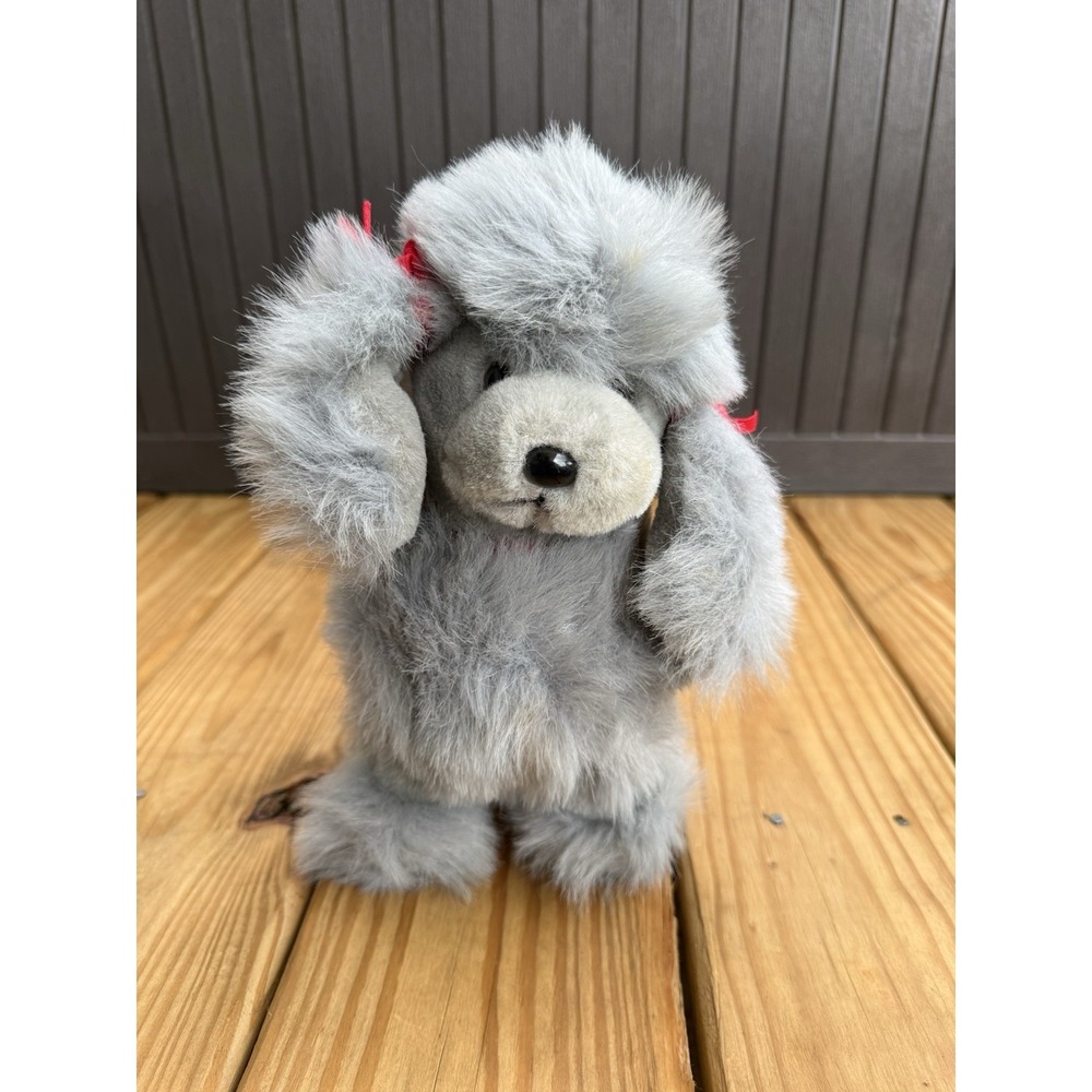 Vintage Westcliff Collection Gray Poodle Dog Plush W Red Bows 7" Long 10" Tall